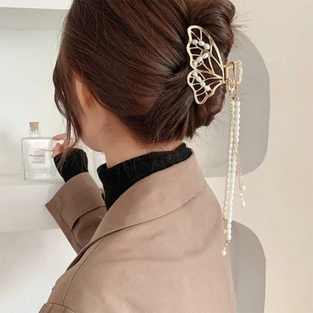 Gold Butterfly Hair Claw Clip Pearls Tassel Elegant Women Hair Accessory‎